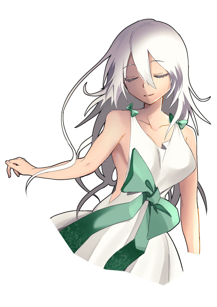 1girl bow breasts closed_eyes closed_mouth collarbone dress highres long_hair nier nier_(series) simple_background smile solo waist_bow white_background white_dress white_hair yonah