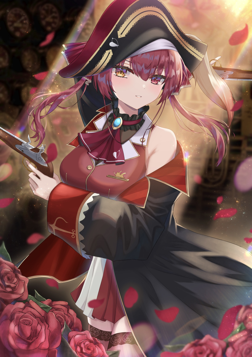 1girl absurdres arm_up bare_shoulders black_coat black_headwear blue_gemstone blurry blurry_background blush choker coat dual_wielding floral_print flower frilled frilled_choker frills gem gold_trim gun hair_between_eyes handgun hat heart heart_print highres holding holding_gun holding_weapon hololive houshou_marine light_particles light_rays long_hair multicolored_clothes multicolored_coat open_clothes open_coat parted_lips petals pirate pirate_hat pom_illust1561 red_choker red_coat red_eyes red_flower red_headwear red_rose redhead rose rose_print single_bare_shoulder skindentation solo thigh-highs twintails two-tone_coat virtual_youtuber weapon yellow_eyes