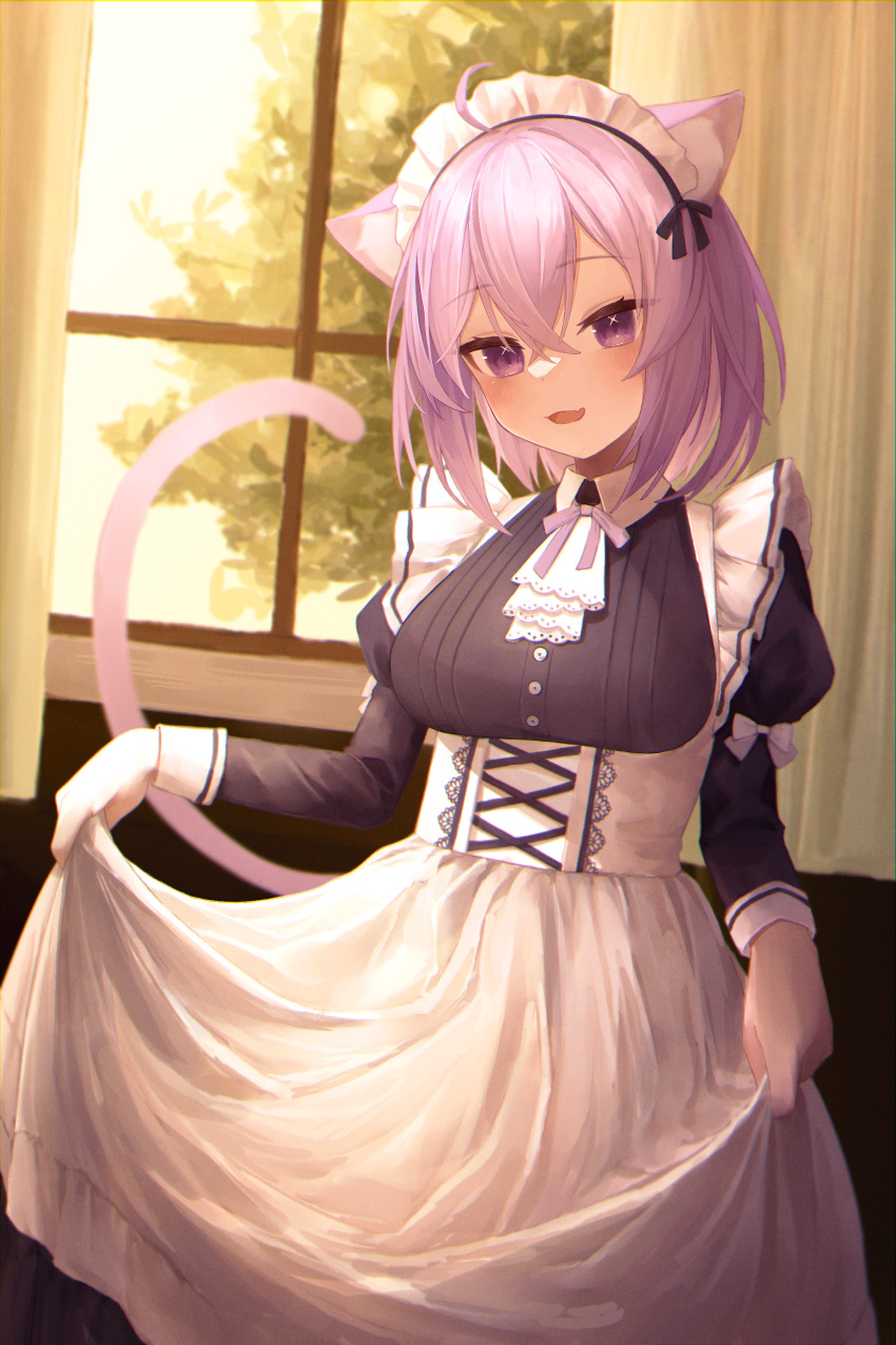 1girl absurdres ahoge alternate_costume animal_ear_fluff animal_ears bangs blush breasts cat_ears cat_tail crossed_bangs curtains enmaided highres hololive indoors juliet_sleeves large_breasts long_sleeves maid maid_headdress nanome_to nekomata_okayu puffy_sleeves purple_hair skirt_hold smile solo tail violet_eyes virtual_youtuber window