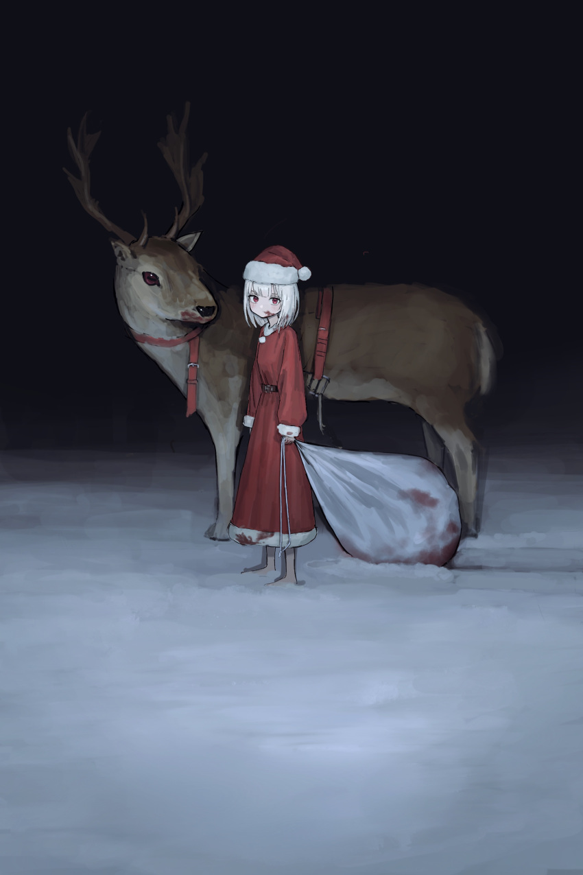 1girl absurdres animal antlers barefoot belt blood dress hat highres looking_at_viewer original red_dress red_eyes reindeer sack sakiika0513 santa_costume santa_hat short_hair snow white_hair