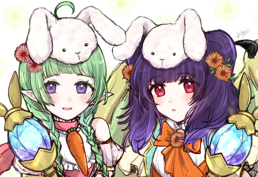 2girls ahoge animal_ears bangs blunt_bangs braid dragon_wings fake_animal_ears fire_emblem fire_emblem:_the_sacred_stones fire_emblem_awakening fire_emblem_heroes flower green_hair hair_flower hair_ornament highres looking_at_viewer misato_hao multiple_girls myrrh_(fire_emblem) nah_(fire_emblem) official_alternate_costume open_mouth pointy_ears purple_hair rabbit_ears red_eyes sunflower twin_braids twintails violet_eyes wings