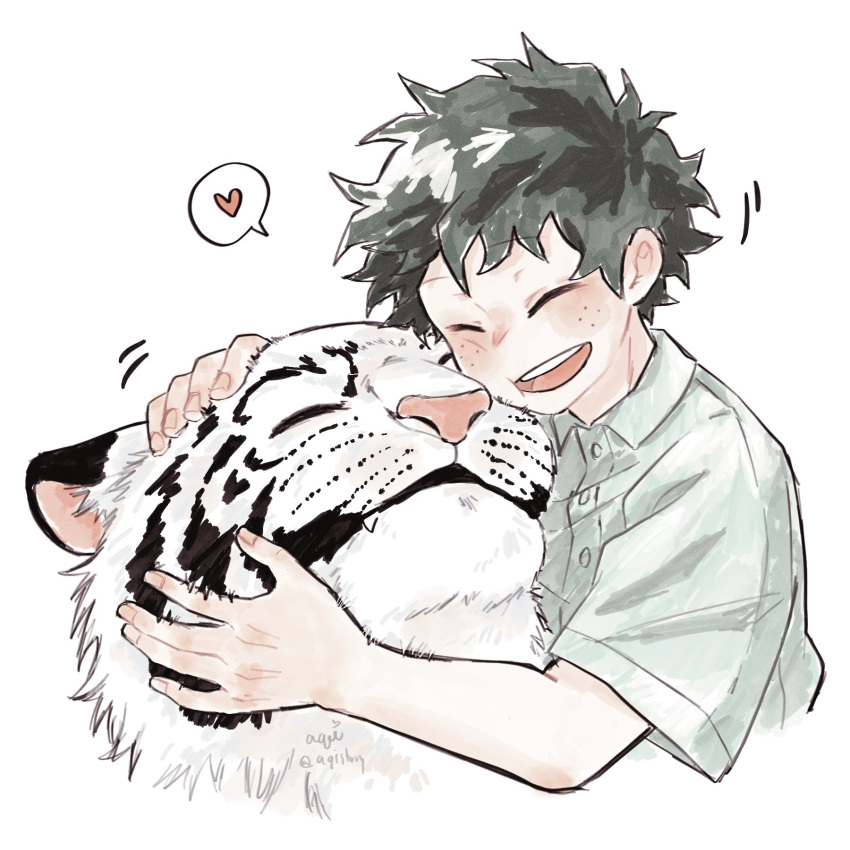 1boy animal aqistory boku_no_hero_academia closed_eyes collared_shirt commentary_request freckles green_hair green_shirt heart highres male_focus midoriya_izuku official_alternate_costume open_mouth petting shirt short_hair short_sleeves simple_background smile spoken_heart thai_commentary tiger white_background white_tiger