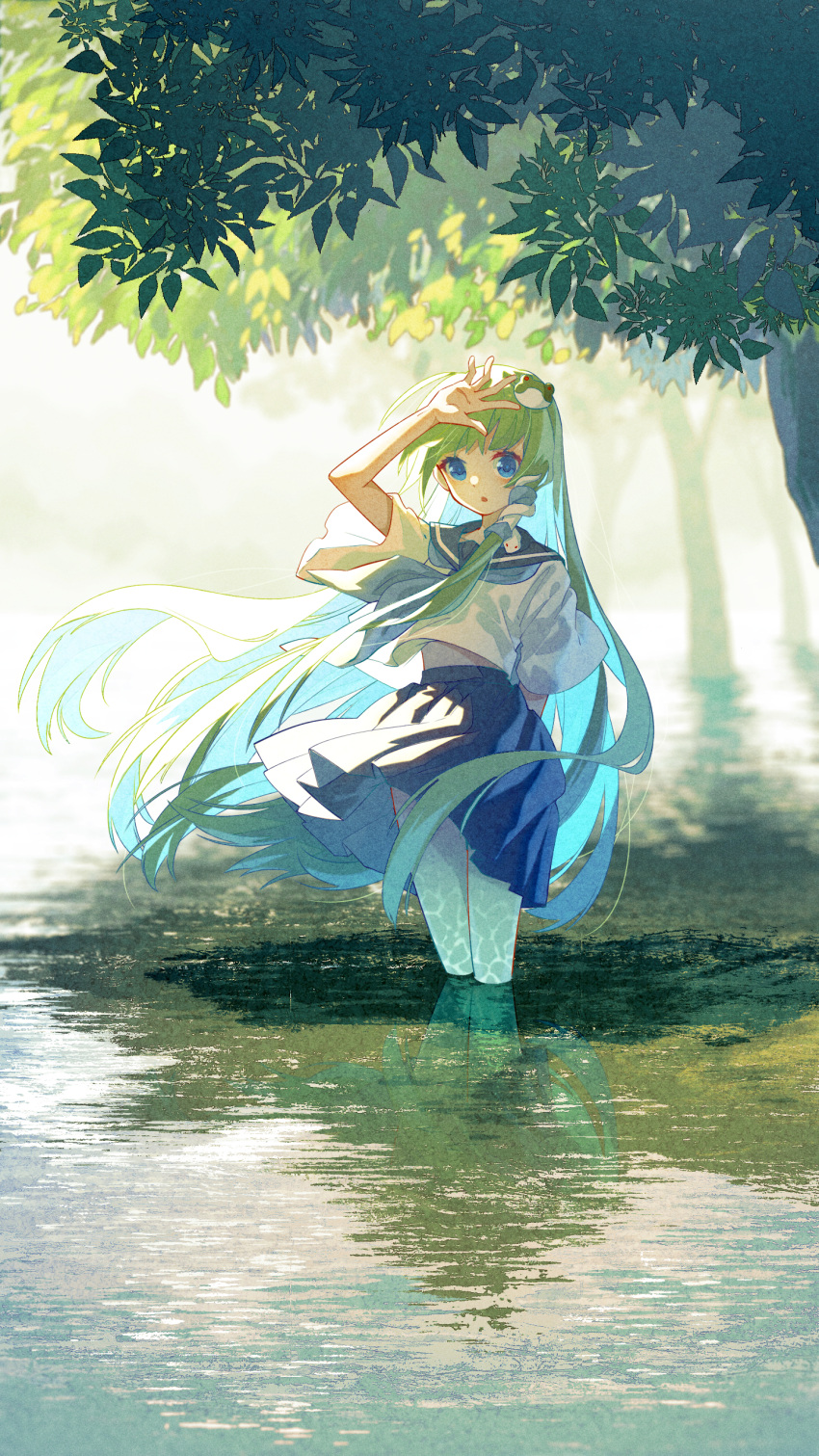 absurdres arm_behind_back blue_eyes blue_sailor_collar blue_skirt blush chestnut_mouth chinese_commentary commentary_request floating_hair frog_hair_ornament green_hair hair_ornament hair_tubes hand_up highres jiege kochiya_sanae leaf long_hair looking_at_viewer open_mouth outdoors partial_commentary reflection sailor_collar school_uniform shirt short_sleeves single_sidelock skirt snake_hair_ornament touhou tree very_long_hair wading water white_shirt wide_sleeves wind