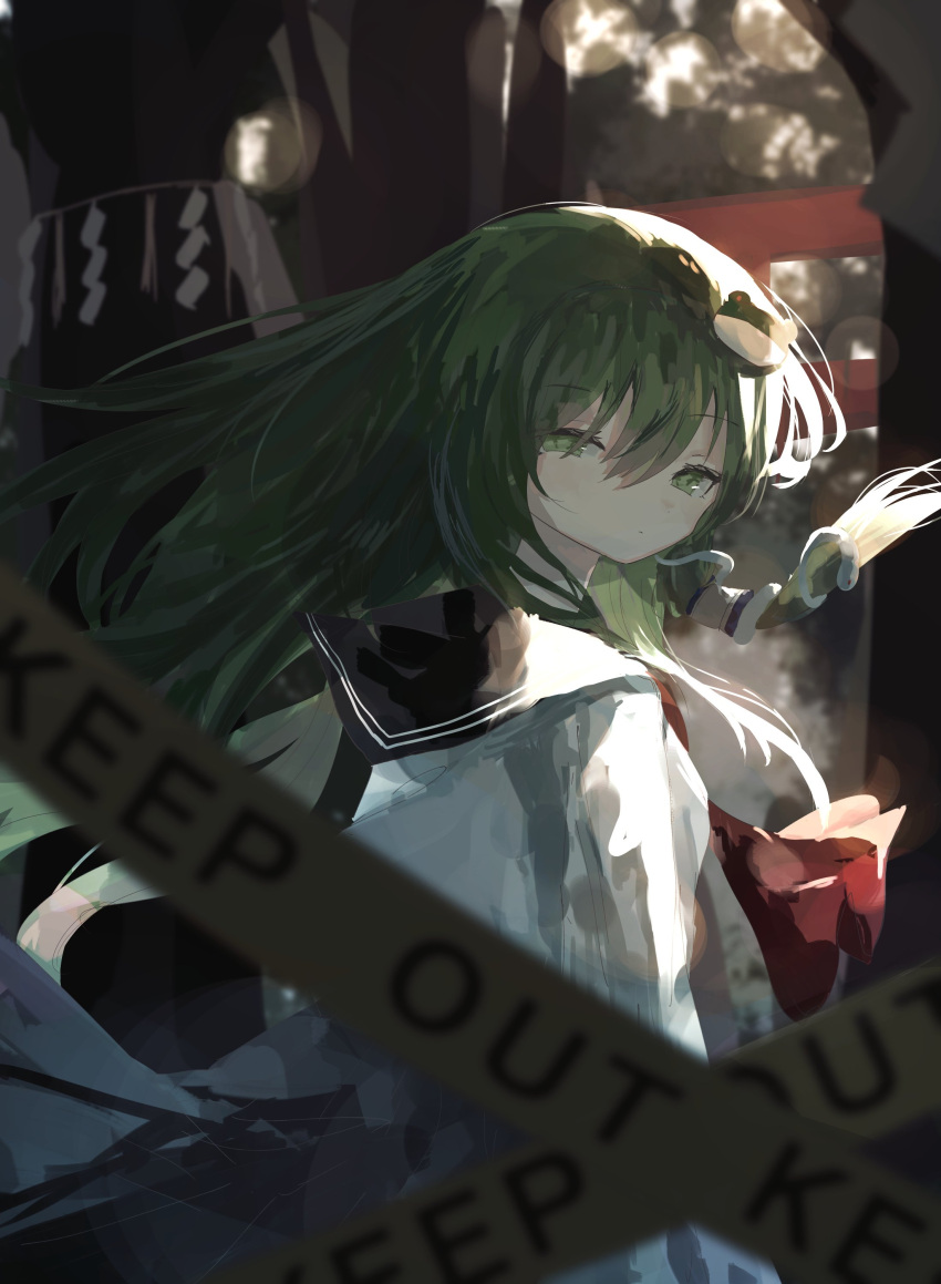 1girl absurdres agasa_(akasa_anodan) ascot blurry caution_tape commentary_request day depth_of_field expressionless forest frog_hair_ornament from_behind green_eyes green_hair hair_between_eyes hair_ornament highres keep_out kochiya_sanae long_hair long_sleeves looking_at_viewer nature red_ascot sailor_collar sailor_shirt school_uniform shide shirt snake_hair_ornament solo torii touhou tree upper_body white_shirt