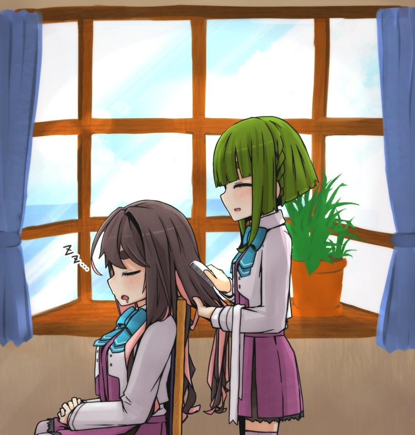 2girls black_hair blazer bob_cut braid brushing_hair closed_eyes dress green_hair grey_legwear hair_brush halterneck highres jacket kantai_collection long_hair macbail multicolored_hair multiple_girls naganami_(kancolle) naganami_kai_ni_(kancolle) pink_hair plant pleated_dress potted_plant purple_dress short_hair short_hair_with_long_locks sidelocks takanami_(kancolle) takanami_kai_ni_(kancolle) thick_eyebrows thigh-highs upper_body window