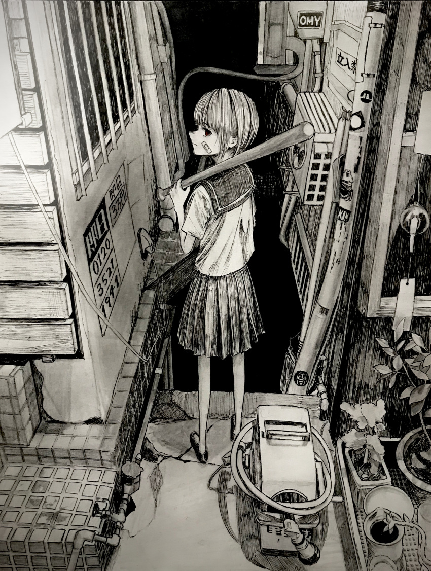 1girl absurdres bandaid bandaid_on_face baseball_bat commentary highres industrial_pipe looking_at_viewer original plant potted_plant sakiika0513 scenery school_uniform sepia serafuku solo traditional_media uniform wind_chime