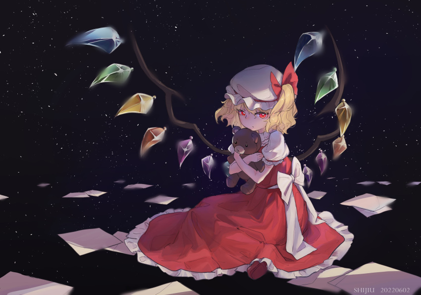 1girl :/ artist_name back_bow blonde_hair bow chinese_commentary closed_mouth collared_shirt commentary crystal dated flandre_scarlet frilled_shirt_collar frilled_skirt frilled_sleeves frills hat hat_bow highres holding holding_stuffed_toy looking_at_viewer medium_hair mob_cap object_hug one_side_up paper puffy_short_sleeves puffy_sleeves red_bow red_eyes red_footwear red_skirt red_vest shijiu_(shizuoxing) shirt shoes short_sleeves sitting skirt skirt_set sky solo star_(sky) starry_sky stuffed_animal stuffed_toy teddy_bear touhou vest white_bow white_headwear white_shirt wings