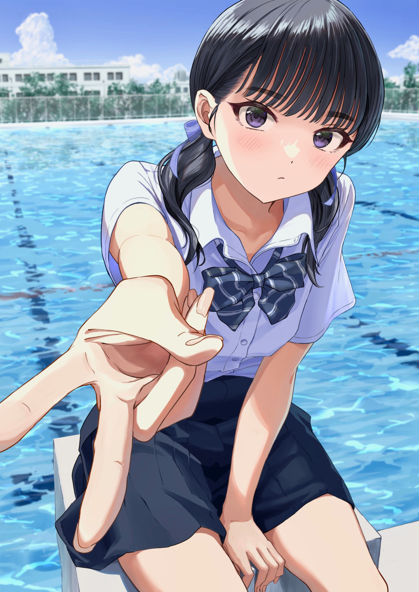 1girl absurdres bangs black_hair blue_bow blue_bowtie blue_ribbon blue_shirt blue_skirt blush bow bowtie building character_request closed_mouth collared_shirt copyright_request dress_shirt fence hair_ribbon hasisisissy highres long_hair looking_at_viewer outdoors outstretched_arm pleated_skirt pool ribbon school_uniform shirt short_sleeves short_twintails sitting skirt solo striped striped_bow striped_bowtie tree twintails v violet_eyes