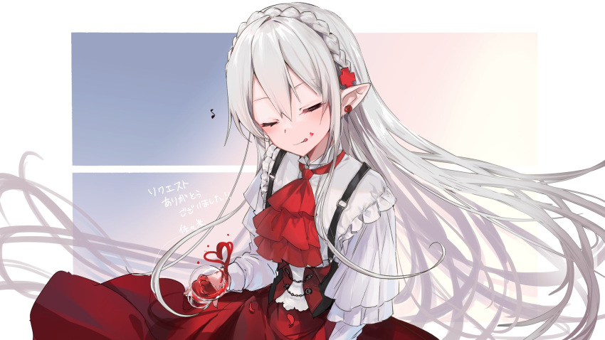 1girl alternate_costume arknights bangs blood closed_eyes closed_mouth commission corset cup earrings facing_viewer grey_hair hair_between_eyes hair_ornament highres holding holding_cup jabot jewelry licking_lips long_hair long_sleeves musical_note nekojita_(ika_neko46) open_mouth petals pointy_ears red_skirt shirt skeb_commission skirt slit_pupils smile solo stud_earrings suspenders tongue tongue_out upper_body warfarin_(arknights) white_shirt