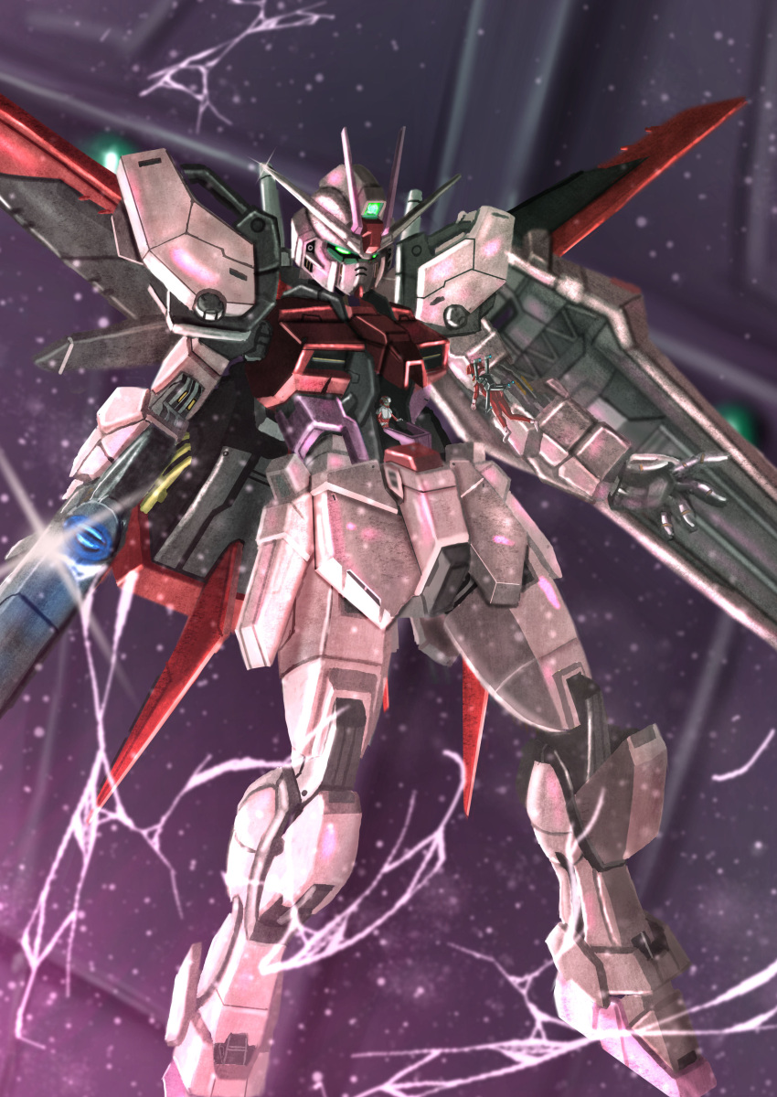 absurdres black_background glowing glowing_eyes green_eyes gundam gundam_seed head_tilt highres mecha mobile_suit no_humans science_fiction solo strike_rouge upper_body v-fin