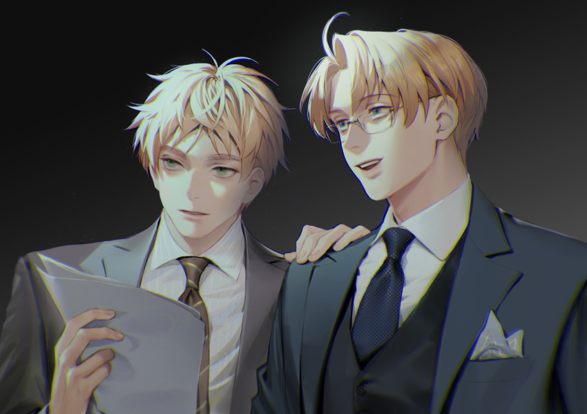 2boys america_(hetalia) axis_powers_hetalia black_necktie black_suit blonde_hair blue_eyes breast_pocket collared_shirt formal green_eyes hand_on_another's_shoulder highres holding holding_paper huacai looking_afar looking_at_object male_focus multiple_boys necktie open_mouth paper pocket shirt smile striped_necktie suit thick_eyebrows united_kingdom_(hetalia) waistcoat