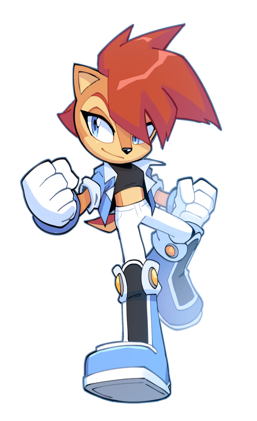 1girl alternate_costume alternate_hairstyle bangs blue_eyes blue_jacket boots brown_fur clenched_hands drawloverlala eyelashes full_body gloves highres jacket midriff pants redhead sally_acorn short_hair smile solo sonic_(series) tail transparent_background white_gloves white_pants