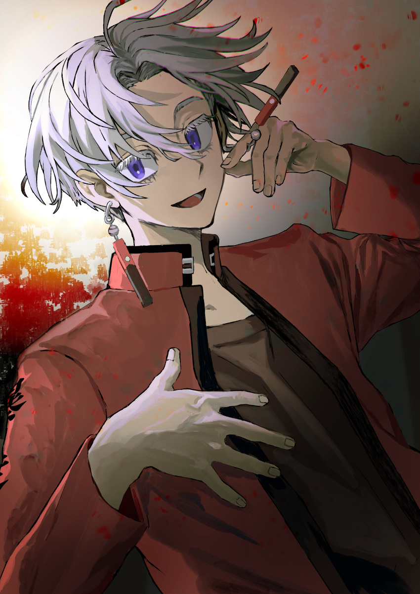 1boy absurdres arm_up black_shirt earrings highres jacket jewelry kurokawa_izana long_sleeves looking_at_viewer lumian_(user_lomen) male_focus open_mouth red_jacket shirt short_hair smile solo tokyo_revengers upper_body violet_eyes white_hair