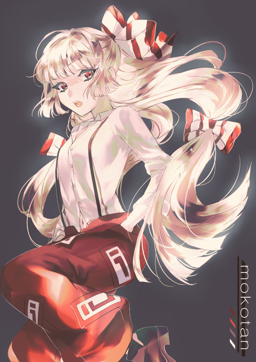1girl absurdres baggy_pants bangs black_footwear blunt_bangs bow buttons character_name collared_shirt color_guide commentary_request foot_out_of_frame fujiwara_no_mokou grey_background hair_bow highres hime_cut knee_up long_hair long_sleeves looking_at_viewer navel ofuda ofuda_on_clothes open_fly open_mouth pants red_bow red_eyes red_pants shirt shoes sidelocks solo suspenders touhou two-tone_bow urushimaru0701 white_bow white_hair white_shirt