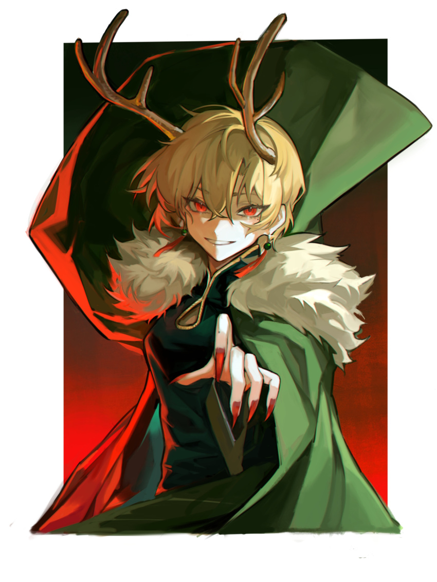 1girl alternate_costume antlers bangs blonde_hair border cape china_dress chinese_clothes commentary dress earrings fingernails fur-trimmed_cape fur_trim green_cape green_dress hair_between_eyes highres jewelry kicchou_yachie long_fingernails looking_at_viewer nail_polish outside_border parted_lips reaching_out red_eyes red_nails shaded_face sharp_fingernails short_hair smile solo teeth tokinhr touhou tsurime upper_body very_long_fingernails white_border