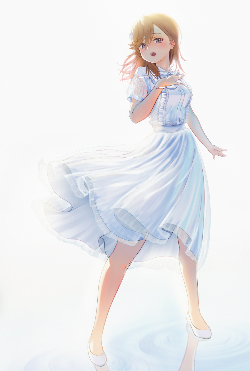 1girl backlighting bangs blush brown_hair dress floating_hair full_body hair_between_eyes highres long_hair looking_at_viewer love_live! love_live!_superstar!! netsuka open_mouth shibuya_kanon simple_background solo standing sundress violet_eyes white_background white_dress