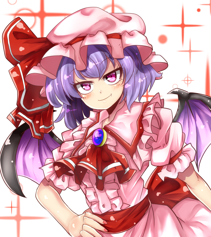 1girl absurdres bat_wings blush closed_mouth fang fang_out fingernails hand_on_hip hat highres looking_at_viewer mob_cap norori pink_eyes puffy_short_sleeves puffy_sleeves purple_hair remilia_scarlet sharp_fingernails short_sleeves slit_pupils smile solo touhou upper_body wings