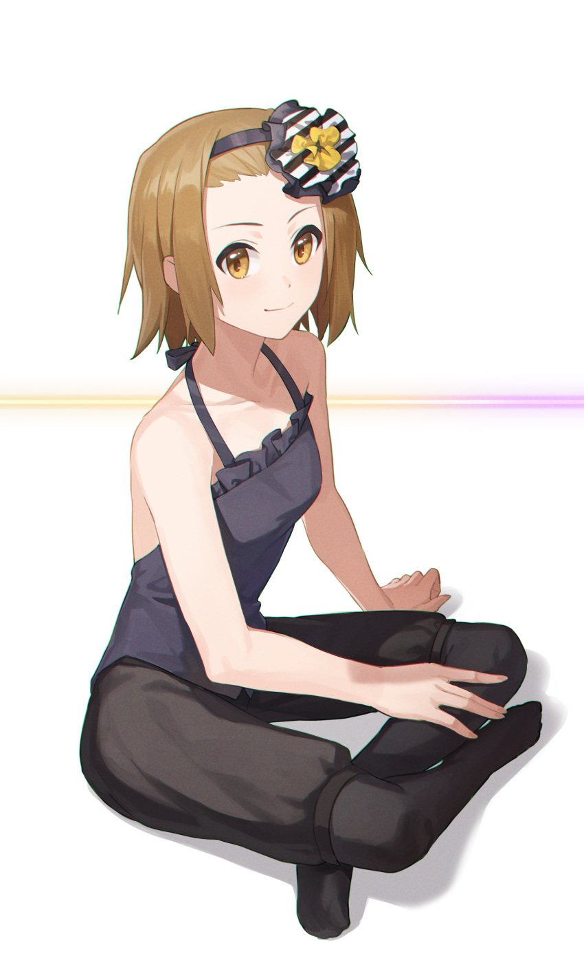 1girl absurdres black_dress black_hairband brown_hair closed_mouth commentary don't_say_"lazy" dress english_commentary full_body hairband highres k-on! looking_at_viewer red_legwear short_hair smile solo tainaka_ritsu yidie