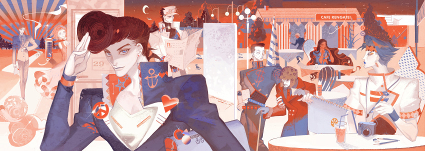 2girls 6+boys absurdres aranloce beard camera cane commentary diamond_wa_kudakenai dollar_sign eraser facial_hair formal_clothes gakuran hat higashikata_josuke highres hirose_koichi holding holding_cane jojo_no_kimyou_na_bouken joseph_joestar joseph_joestar_(old) kira_yoshikage kishibe_rohan kujo_jotaro multiple_boys multiple_girls necktie nijimura_okuyasu old old_man peace_symbol pencil pompadour school_uniform sugimoto_reimi yamagishi_yukako yen_sign