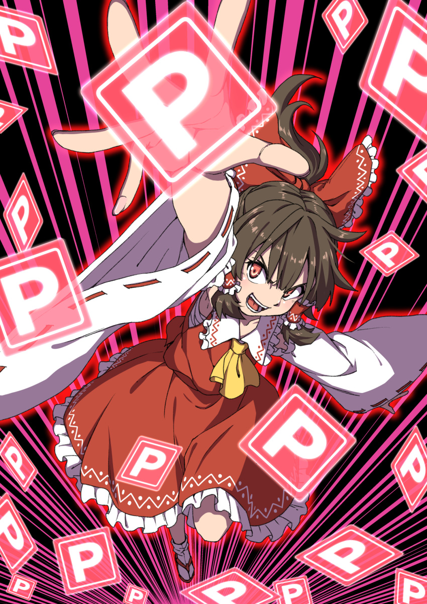 1girl ascot bangs bow brown_hair detached_sleeves full_body hair_bow hakurei_reimu highres inuno_rakugaki looking_at_viewer nontraditional_miko open_mouth ponytail red_bow red_eyes red_shirt red_skirt ribbon-trimmed_sleeves ribbon_trim sandals shirt short_hair skirt smile solo touhou white_legwear wide_sleeves yellow_ascot