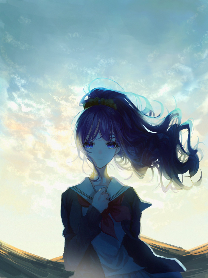 1girl asahina_mafuyu backlighting banbiiiino0303 bangs blue_eyes bow cardigan closed_mouth day floating_hair hair_ornament hair_scrunchie hand_on_own_chest hand_up high_ponytail highres long_hair long_sleeves looking_at_viewer mountainous_horizon neckerchief outdoors ponytail project_sekai purple_hair red_neckerchief school_uniform scrunchie sky solo twilight upper_body
