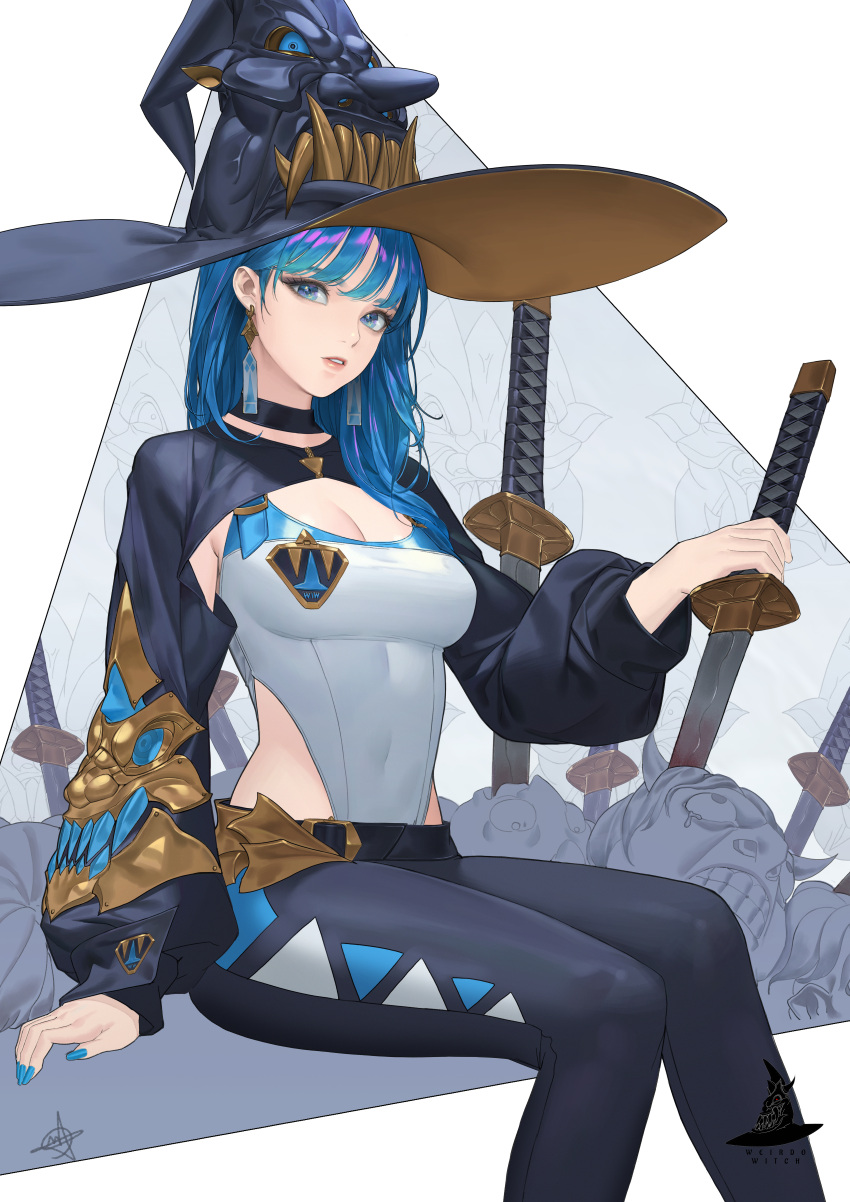1girl absurdres bangs belt black_belt black_headwear black_pants blue_eyes blue_hair blue_nails blunt_bangs breasts cleavage_cutout clothing_cutout commentary daeho_cha dated_commentary earrings english_commentary feet_out_of_frame fingernails hair_over_shoulder hat highres holding_katana jewelry katana leotard lips long_hair long_sleeves looking_at_viewer mask medium_breasts nail_polish oni_mask original pants parted_lips shrug_(clothing) signature solo sword teeth weapon white_background white_leotard witch witch_hat