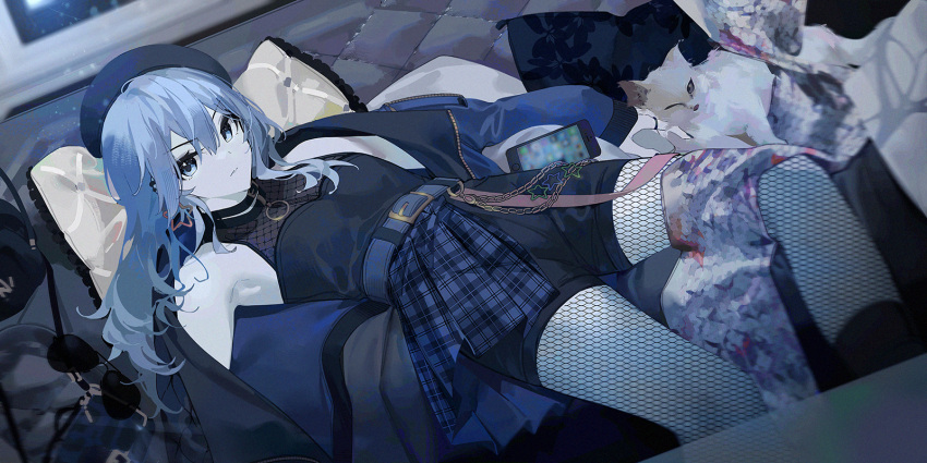 1girl armpits aviator_sunglasses bangs bare_shoulders bed bedroom belt beret black_nails blue_eyes blue_hair blue_jacket breasts cat cellphone earrings fishnet_legwear fishnets hair_between_eyes hat highres hololive hoshimachi_suisei jacket jewelry long_hair looking_at_viewer lying mania_(fd6060_60) open_clothes phone plaid ribbon ring smartphone solo star_(symbol) star_earrings star_in_eye sunglasses symbol-only_commentary symbol_in_eye virtual_youtuber