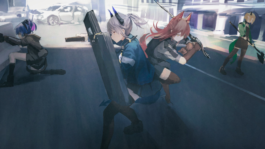 4girls animal_ears arknights axe bangs black_gloves black_legwear black_shirt blonde_hair blue_hair brown_hair building car car_crash cat_tail city closed_mouth commentary_request dragon_horns dragon_tail expressionless fox_ears fox_girl fox_tail franka_(arknights) full_body gloves green_jacket grey_hair ground_vehicle gun handgun hara_shoutarou highres holding holding_axe holding_gun holding_shield holding_sword holding_weapon horns jacket jessica_(arknights) liskarm_(arknights) long_hair long_sleeves looking_ahead motor_vehicle multicolored_hair multiple_girls open_clothes open_jacket orange_eyes outdoors parted_lips pistol pointy_ears ponytail shield shirt short_hair skirt squatting standing standing_on_one_leg sword tail thigh-highs vanilla_(arknights) weapon wreckage