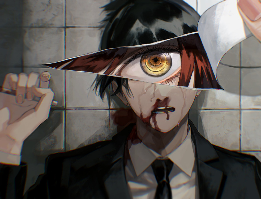 1boy black_hair black_jacket black_necktie bleeding blood blood_on_face chainsaw_man collared_shirt covered_eyes ear_piercing hand_up hayakawa_aki highres jacket kawatiw looking_at_viewer lying makima_(chainsaw_man) male_focus necktie nosebleed on_back on_floor open_mouth out_of_frame page_tear peeling piercing portrait redhead revealing_layer ringed_eyes shirt short_hair tears tile_floor tiles white_shirt yellow_eyes