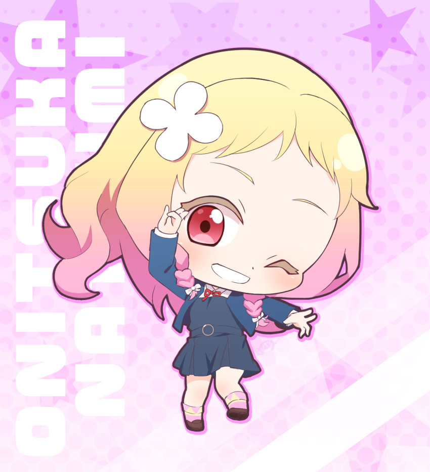 1girl ;d blonde_hair blue_jacket bow brown_footwear character_name chibi commentary dress english_text flower gradient_hair grey_dress grin hair_bow hair_flower hair_ornament halftone halftone_background highres jacket loafers looking_at_viewer love_live! love_live!_superstar!! multicolored_hair neck_ribbon ok_sign one_eye_closed onitsuka_natsumi pinafore_dress pink_hair pink_legwear purple_background red_eyes red_ribbon revision ribbon saki_usagi school_uniform shoes short_bangs shrug_(clothing) signature smile socks solo white_bow white_flower winter_uniform yuigaoka_school_uniform