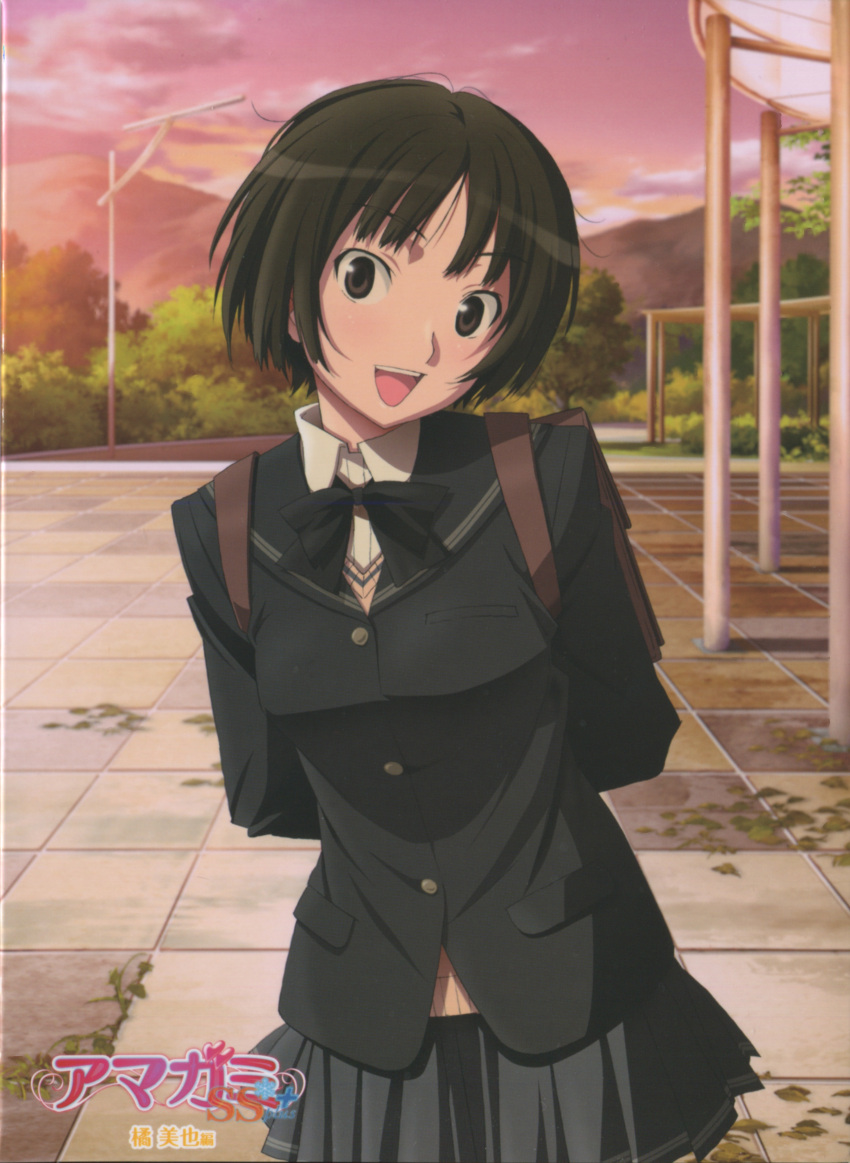 1girl :d absurdres amagami arms_behind_back backpack bag bangs black_bow black_bowtie black_jacket black_sailor_collar blazer bow bowtie brown_bag brown_eyes brown_sweater_vest character_name copyright_name cover cowboy_shot dress_shirt dvd_cover foliage grey_skirt head_tilt highres jacket kibito_high_school_uniform lamppost looking_at_viewer messy_hair mountain non-web_source official_art open_mouth park pleated_skirt sailor_collar scan school_bag school_uniform shirt short_hair skirt smile solo stone_floor sunset sweater_vest tachibana_miya takayama_kisai teeth translated tree upper_teeth white_shirt