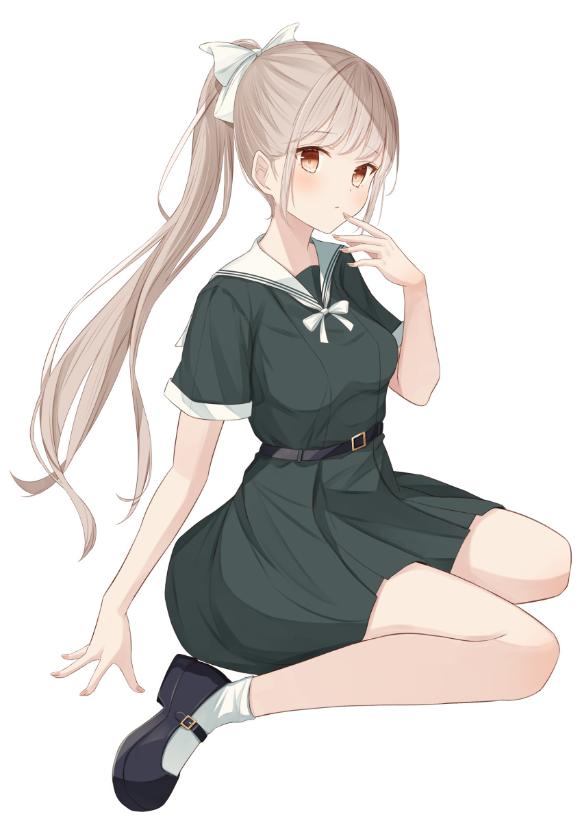 1girl absurdres belt black_belt black_footwear blonde_hair bow brown_eyes commentary_request dress full_body green_dress hair_bow highres long_hair looking_at_viewer original ponytail sailor_collar sailor_dress school_uniform senri_(senri_sen) shoes simple_background sitting solo uniform white_background white_bow white_sailor_collar