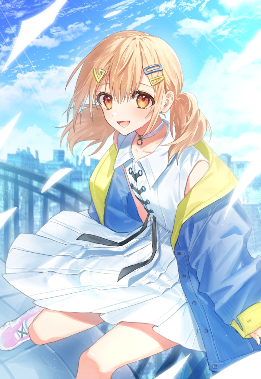 1girl :d azusawa_kohane blonde_hair blue_jacket blue_sky blush brown_eyes choker cityscape clouds commentary dress fujo0t4ku hair_ornament hairclip highres jacket looking_at_viewer open_mouth outdoors pink_footwear project_sekai shoes short_twintails sitting_on_railing sky sleeveless sleeveless_dress smile sneakers solo twintails white_choker white_dress