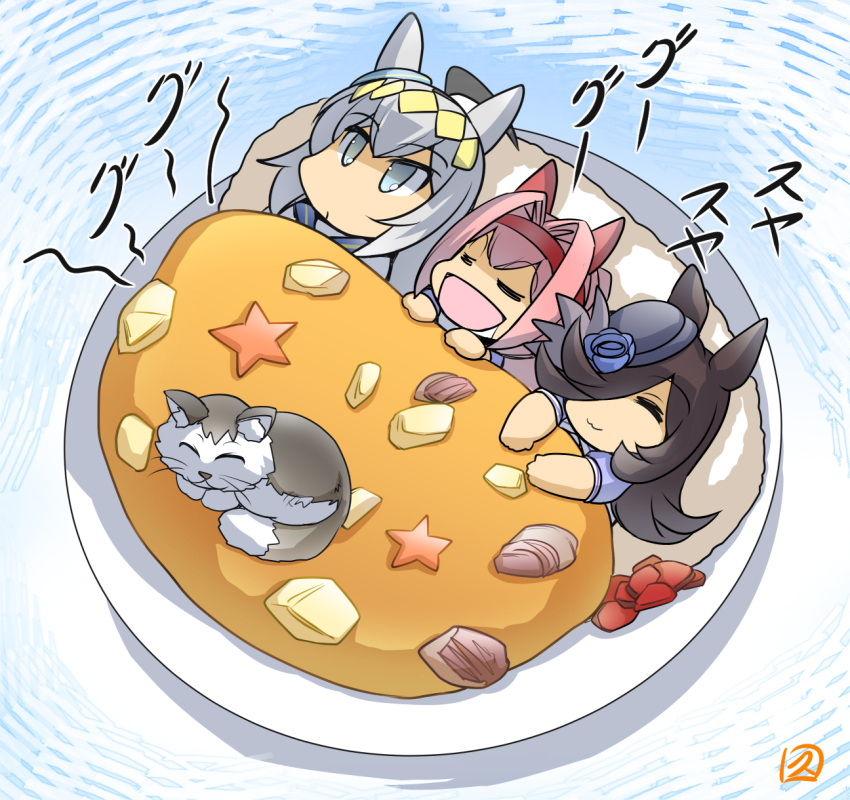 3girls :3 ahoge animal_ears bangs black_hair blue_flower blue_headwear blue_rose cat chibi commentary curry curry_rice ear_covers flower food gari_(food) grey_eyes grey_hair hair_between_eyes hair_intakes hair_over_one_eye hairband haru_urara_(umamusume) hat hat_flower highres hisahiko horse_ears horse_girl long_hair multicolored_hair multiple_girls oguri_cap_(umamusume) puffy_short_sleeves puffy_sleeves purple_shirt rice rice_shower_(umamusume) rose sailor_collar sailor_shirt school_uniform shirt short_sleeves signature snoring sound_effects stomach_growling summer_uniform swept_bangs tilted_headwear tracen_school_uniform translation_request two-tone_hair umamusume violet_eyes