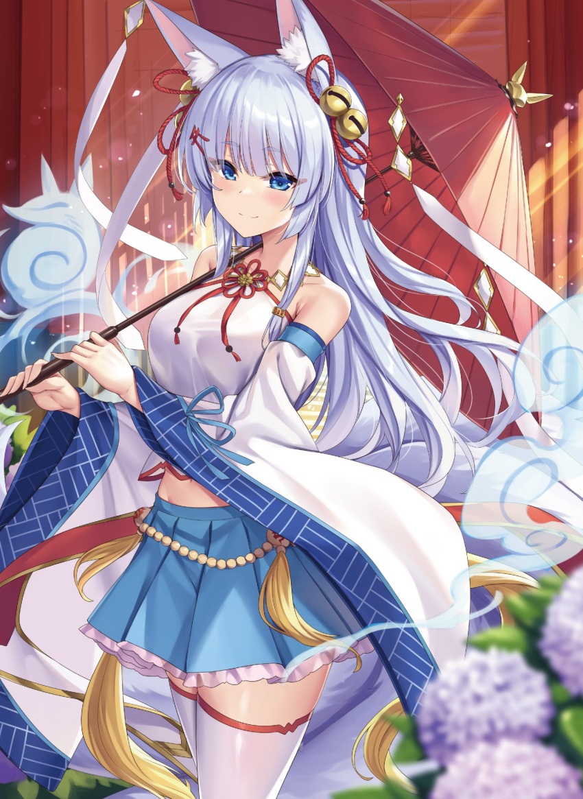 1girl animal_ear_fluff animal_ears bell blue_eyes blush detached_sleeves eyes_visible_through_hair fox_ears fox_tail hair_bell hair_ornament highres jingle_bell kuuki_shoujo ribbon ribbon_trim skirt solo tail the_personification_of_atmosphere thigh-highs umbrella white_legwear xephyrks