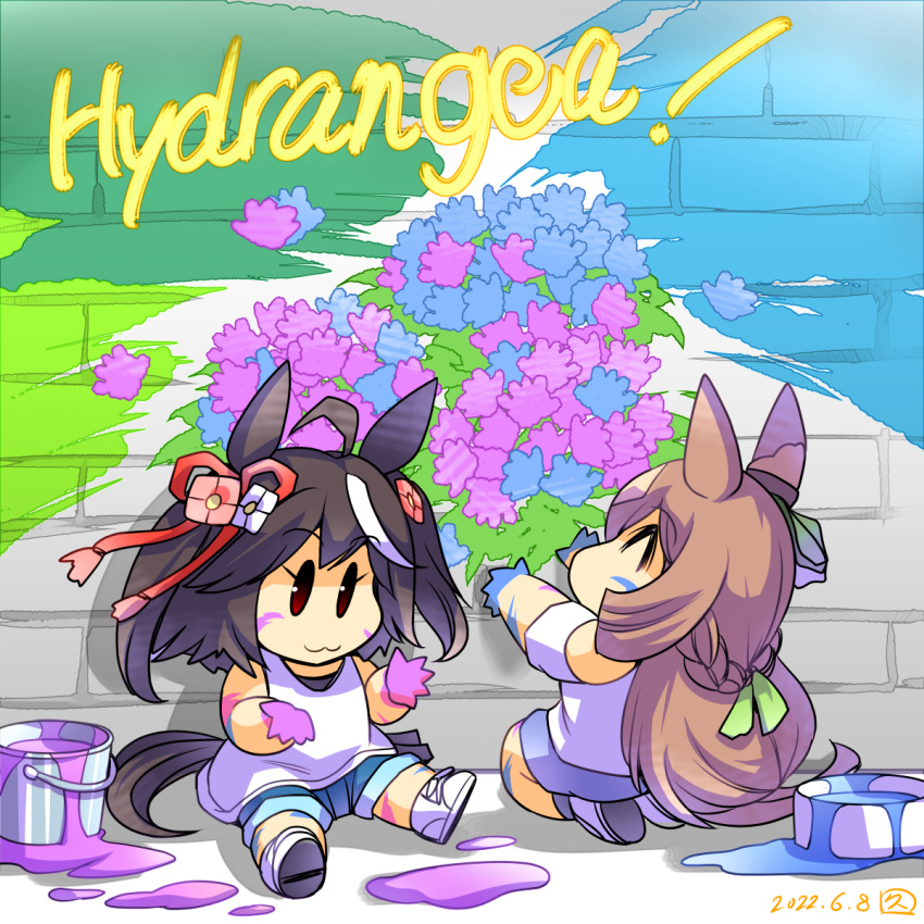 2girls :3 ^_^ ahoge animal_ears black_hair braid brick_wall brown_hair chibi closed_eyes commentary_request dated ear_ornament english_text french_braid graffiti highres hisahiko horse_ears horse_girl horse_tail kitasan_black_(umamusume) light_brown_hair long_hair multicolored_hair multiple_girls paint_can partial_commentary satono_diamond_(umamusume) short_hair shorts signature solid_oval_eyes tail two-tone_hair umamusume white_hair younger