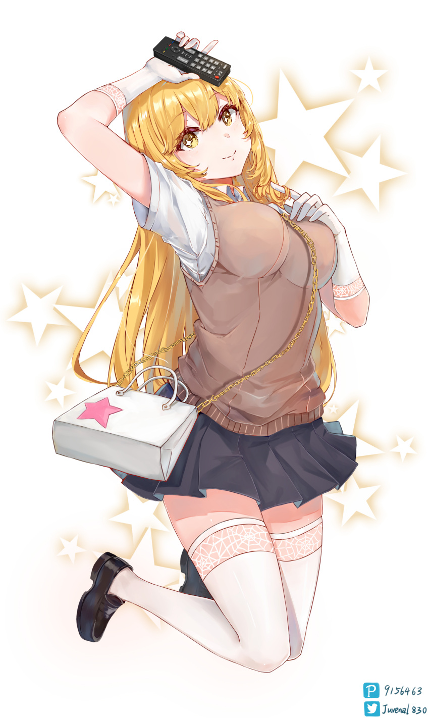 1girl absurdres arm_up bag bangs black_footwear black_skirt blonde_hair breasts chain chain_between_breasts closed_mouth controller elbow_gloves full_body gloves gold_chain hand_on_own_chest handbag highres holding holding_remote_control jumping large_breasts loafers long_hair looking_at_viewer pixiv_id remote_control school_uniform shirt shoes shokuhou_misaki short_sleeves skirt smile solo spider_web_print star-shaped_pupils star_(symbol) sweater_vest symbol-shaped_pupils thigh-highs toaru_kagaku_no_mental_out toaru_kagaku_no_railgun toaru_majutsu_no_index tokiwadai_school_uniform twitter_username white_gloves white_legwear white_shirt yellow_eyes zarsy