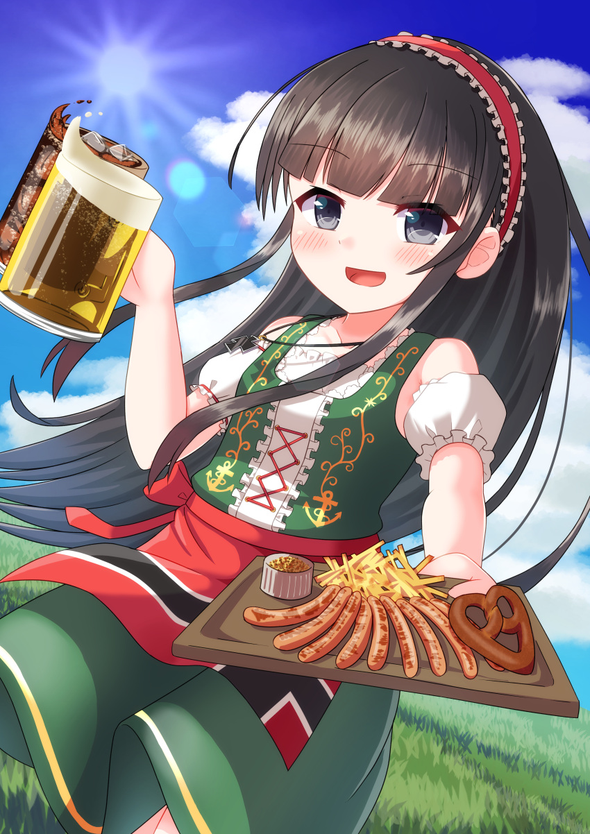 1girl absurdres alcohol alternate_costume azur_lane bangs beer black_hair clouds cup drinking_glass food grass grey_eyes highres jewelry looking_at_viewer mug necklace oozeki_(v-necker) open_mouth sky solo sun z19_hermann_kunne_(azur_lane)
