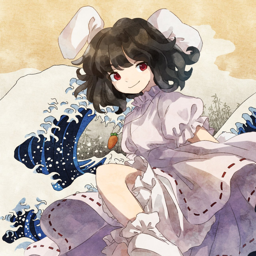 1girl animal_ears bamboo bamboo_forest bangs black_hair bloomers carrot_necklace clouds commentary dress fine_art_parody floppy_ears foot_out_of_frame forest highres inaba_tewi kanagawa_okinami_ura knee_up looking_at_viewer medium_hair nature parody puffy_short_sleeves puffy_sleeves rabbit_ears rabbit_girl red_eyes retrochaossan ribbon-trimmed_dress short_sleeves smile solo touhou underwear waves wavy_hair white_dress white_legwear