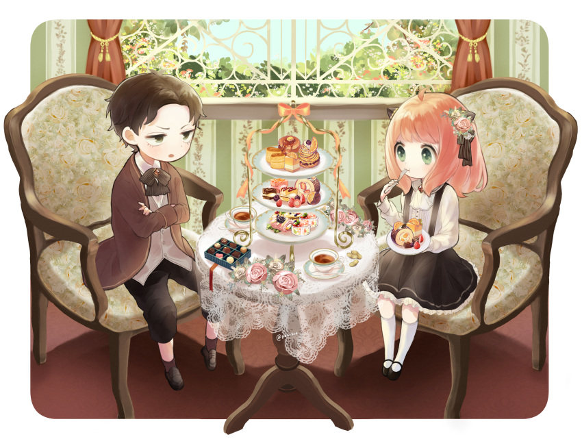 1boy 1girl :o :t ahoge anya_(spy_x_family) armchair bangs black_bow black_bowtie black_footwear black_hair black_legwear black_pants black_ribbon black_skirt blush bow bowtie box box_of_chocolates brooch cake chair child chocolate crossed_arms cup curtains damian_desmond day dessert eating fake_horns female_child floral_print flower food foot_dangle formal fruit green_eyes hair_flower hair_ornament hair_ribbon highres holding holding_food holding_plate horns indoors jewelry kneehighs kohori lace lace-trimmed_skirt lace_trim long_sleeves looking_at_another macaron male_child medium_hair orange_(fruit) orange_bow orange_ribbon orange_slice outside_border pants pastry peanut pink_hair plate ribbon rose rounded_corners saucer scone shirt shoes short_hair sitting skirt socks spoon spy_x_family strawberry sweets swiss_roll table tablecloth tea_party teacup tiered_tray untucked_shirt wallpaper_(object) white_legwear white_shirt window