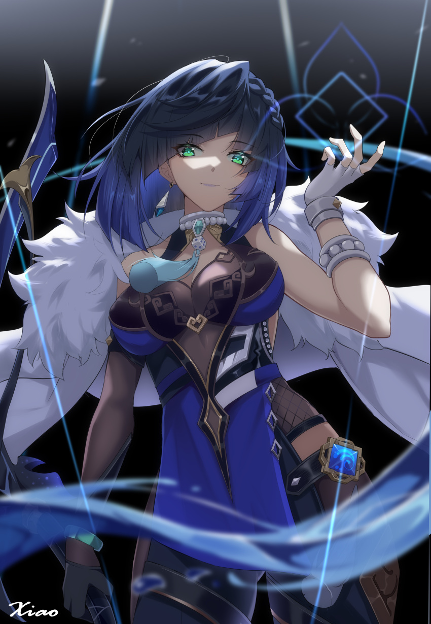 1girl absurdres arm_up bangs black_gloves blue_hair bow_(weapon) breasts china_dress chinese_clothes dress elbow_gloves eyebrows_behind_hair fingerless_gloves genshin_impact gloves green_eyes highres holding holding_bow_(weapon) holding_weapon jewelry looking_at_viewer necklace shixuexiao short_hair sleeveless smile solo weapon white_gloves yelan_(genshin_impact)