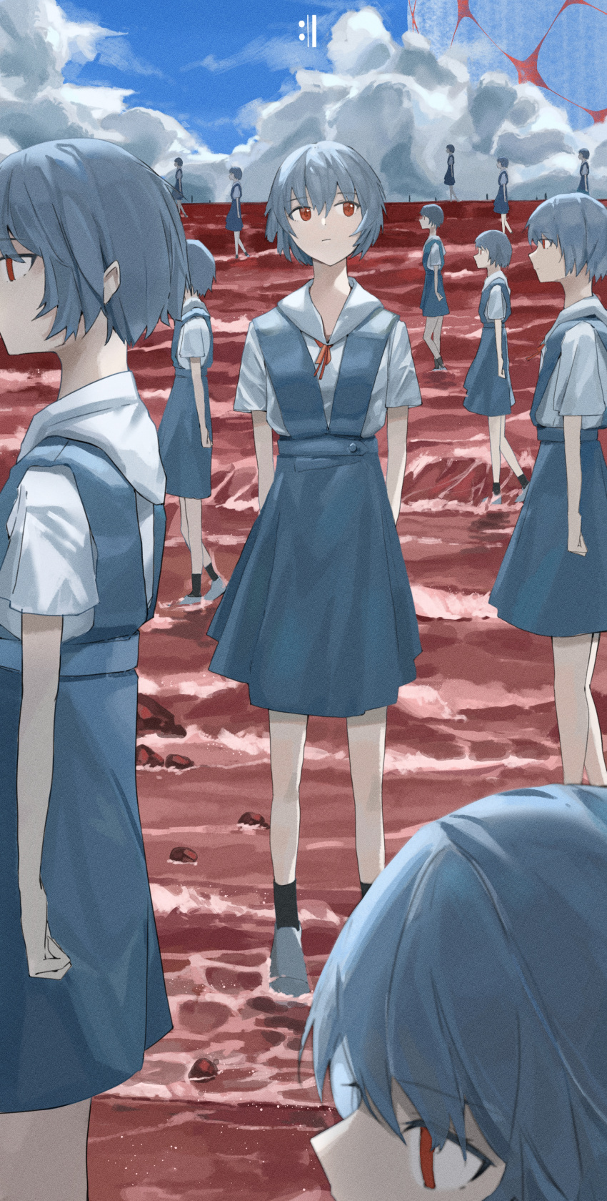 6+girls :| absurdres arms_at_sides arms_behind_back ayanami_rei bangs black_legwear blue_dress blue_hair clone closed_mouth clouds commentary_request dress expressionless from_side full_body grey_footwear highres looking_to_the_side multiple_girls neon_genesis_evangelion ocean perspective pinafore_dress rebuild_of_evangelion red_eyes rock shirt shirt_tucked_in short_hair short_sleeves sky socks standing straight-on wading white_shirt yunkkker