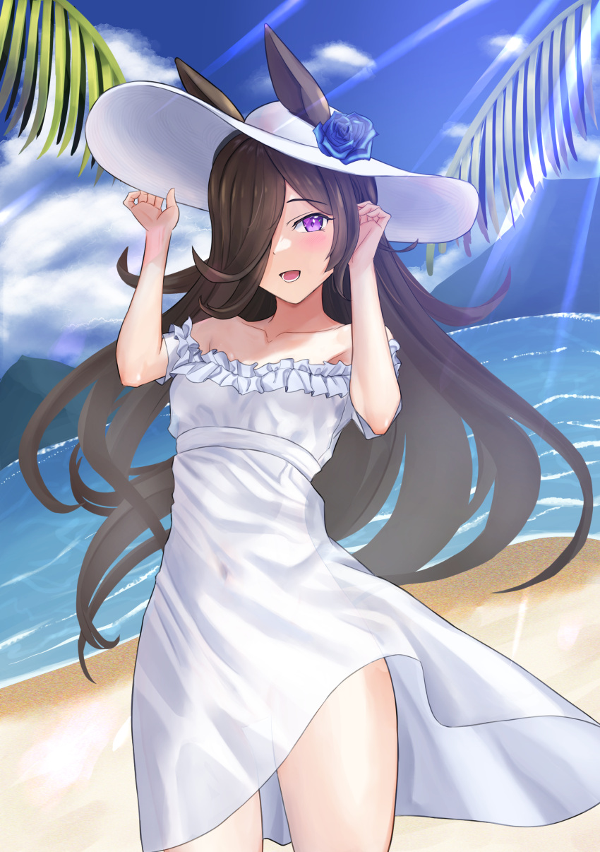 1girl absurdres animal_ears bare_shoulders beach black_hair blue_flower blue_rose blue_sky brown_hair clouds commentary_request cowboy_shot day dress flower frilled_dress frills hair_over_one_eye hat highres horse_ears horse_girl horse_tail long_hair looking_at_viewer miya_(miya-pi) off-shoulder_dress off_shoulder outdoors rice_shower_(umamusume) rose sky smile solo sun_hat tail umamusume violet_eyes white_dress white_headwear