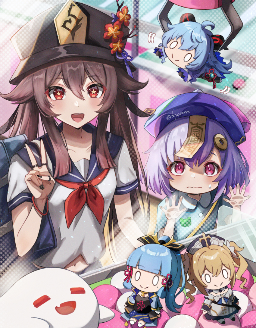 2girls :&gt; barbara_(genshin_impact) black_nails blonde_hair blue_hair blush brown_hair doyamona flower flower-shaped_pupils ganyu_(genshin_impact) genshin_impact ghost hat highres hu_tao_(genshin_impact) kamisato_ayaka multiple_girls navel open_mouth plum_blossoms porkpie_hat qiqi_(genshin_impact) red_eyes school_uniform smile symbol-shaped_pupils twitter_username v