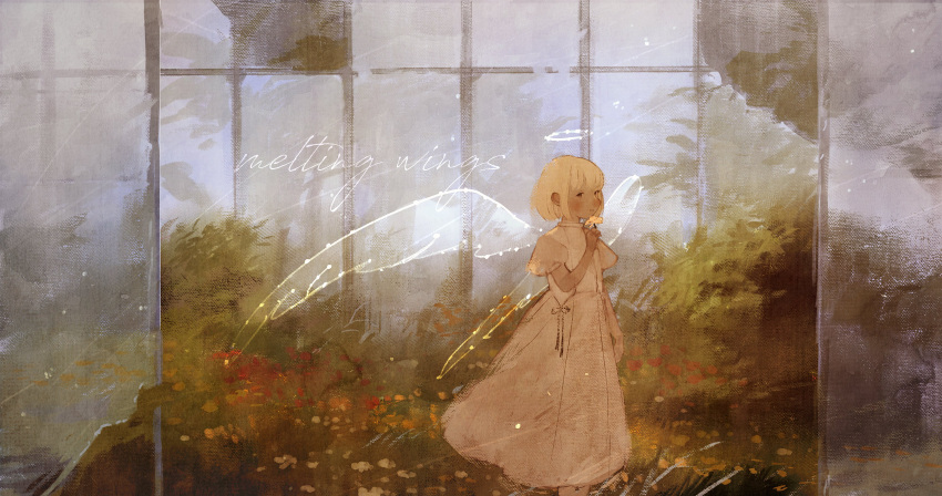 1girl absurdres angel angel_wings bangs blush dress feet_out_of_frame flower halo highres looking_at_viewer orange_flower original plant pomepomesanpo red_flower short_hair short_sleeves solo white_dress white_flower white_hair wings