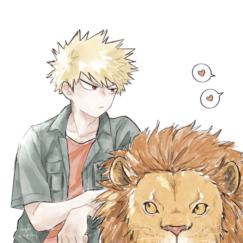 1boy animal aqistory bakugou_katsuki blonde_hair boku_no_hero_academia closed_mouth commentary_request green_shirt heart highres lion looking_at_another looking_to_the_side male_focus official_alternate_costume open_clothes open_shirt orange_shirt red_eyes shirt short_hair short_sleeves simple_background spiky_hair spoken_heart thai_commentary white_background