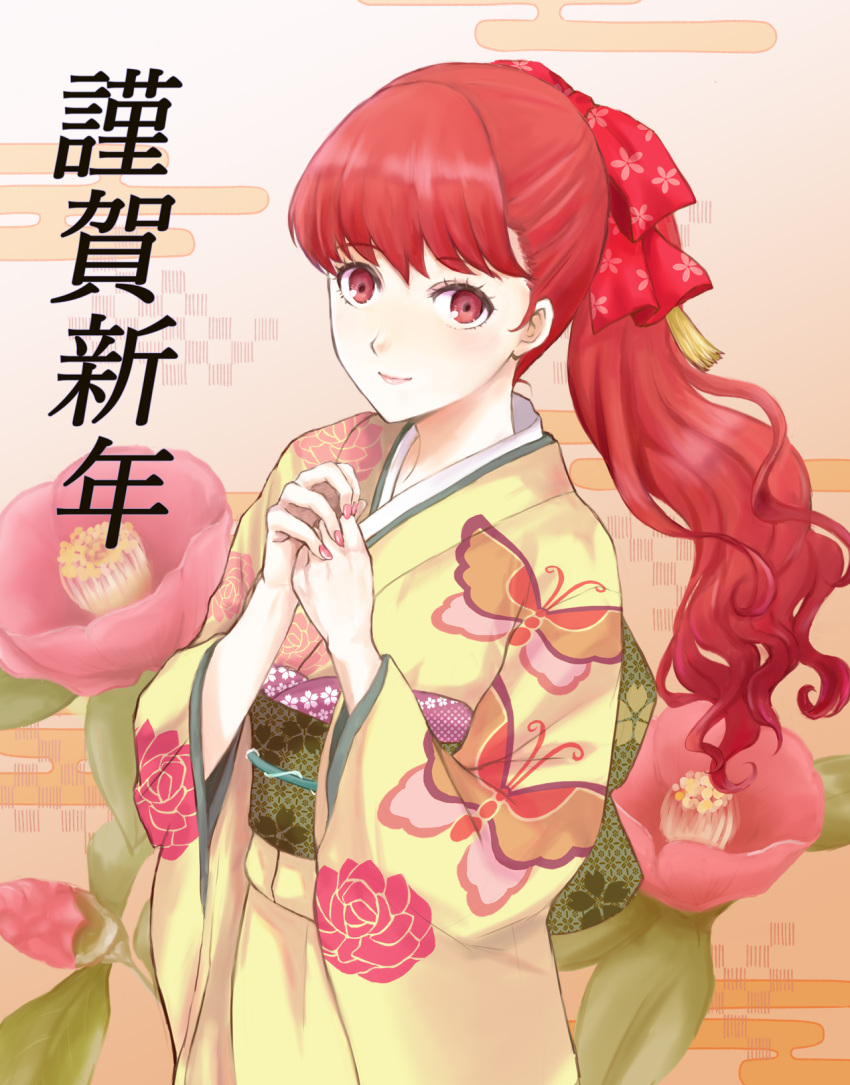 1girl animal_print bangs bow butterfly_print closed_mouth erimiyaman floral_print hair_bow highres japanese_clothes kimono long_hair long_sleeves nail_polish persona persona_5 persona_5_the_royal pink_nails ponytail print_bow print_kimono red_bow red_eyes redhead shiny shiny_hair smile solo standing wide_sleeves yellow_kimono yoshizawa_kasumi