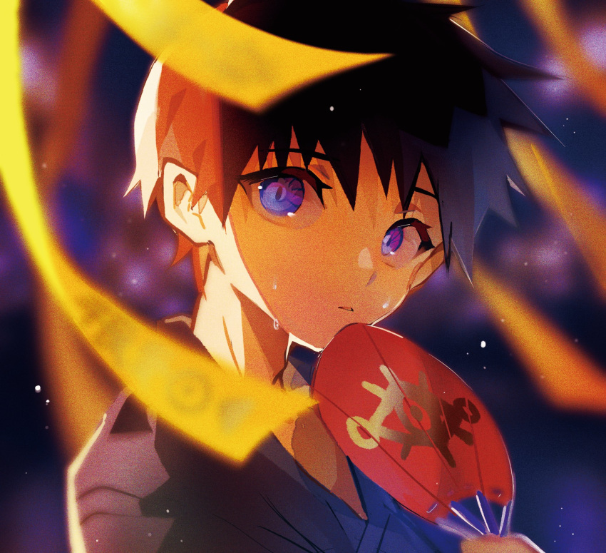 1boy bangs blue_eyes blurry chiiiirou depth_of_field eye_symbol hand_fan highres holding holding_fan ikari_shinji japanese_clothes kimono light_particles looking_at_viewer male_focus neon_genesis_evangelion paper_fan parted_lips portrait ribbon sky star_(sky) starry_sky sweat talisman uchiwa violet_eyes wind yellow_ribbon