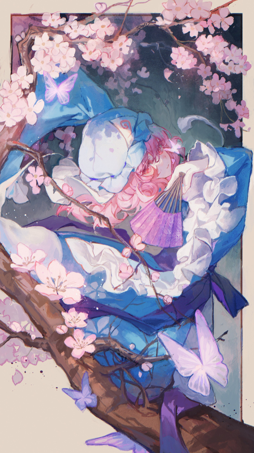 1girl absurdres blue_butterfly blue_headwear blue_kimono branch bug butterfly cherry_blossoms falling_petals floral_background flower folding_fan hanami hand_fan hat highres holding holding_fan in_tree japanese_clothes kimono long_sleeves maccha_(mochancc) mob_cap petals pink_eyes pink_flower pink_hair pink_theme plum_blossoms saigyouji_yuyuko short_hair sitting sitting_in_tree solo spring_(season) touhou tree triangular_headpiece wide_sleeves
