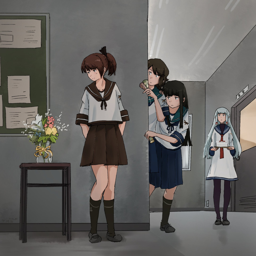 4girls anchor_symbol black_hair black_legwear black_ribbon blue_sailor_collar blue_skirt brown_hair brown_sailor_collar commentary_request dress eyes_visible_through_hair flower grey_hair hair_ribbon hatsuyuki_(kancolle) highres indoors kantai_collection kuragare long_hair medium_hair miyuki_(kancolle) multiple_girls murakumo_(kancolle) necktie pleated_skirt ponytail red_necktie ribbon sailor_collar sailor_dress school_uniform serafuku shikinami_(kancolle) short_sleeves sidelocks skirt thigh-highs